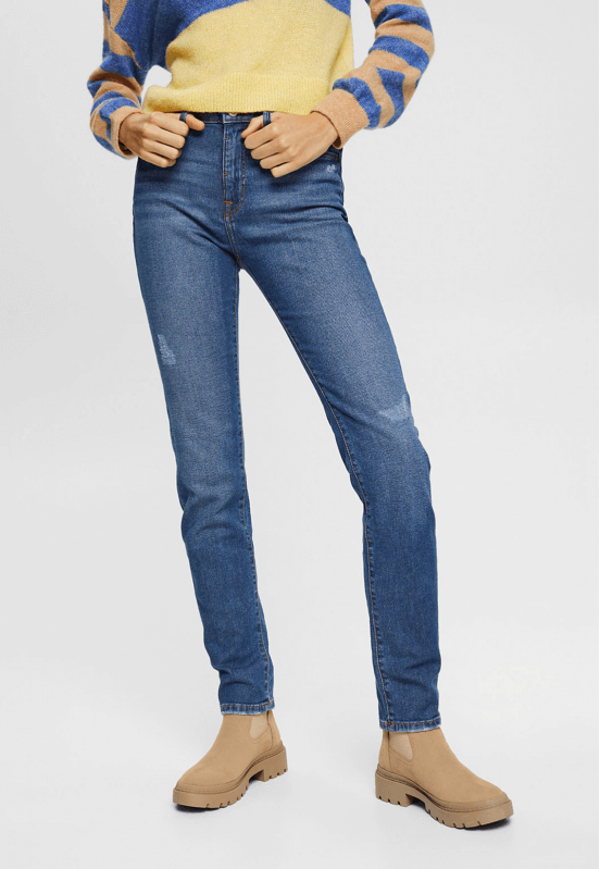Jeans De Mezclilla Azul De Cintura Alta Y Corte Recto Para Mujer